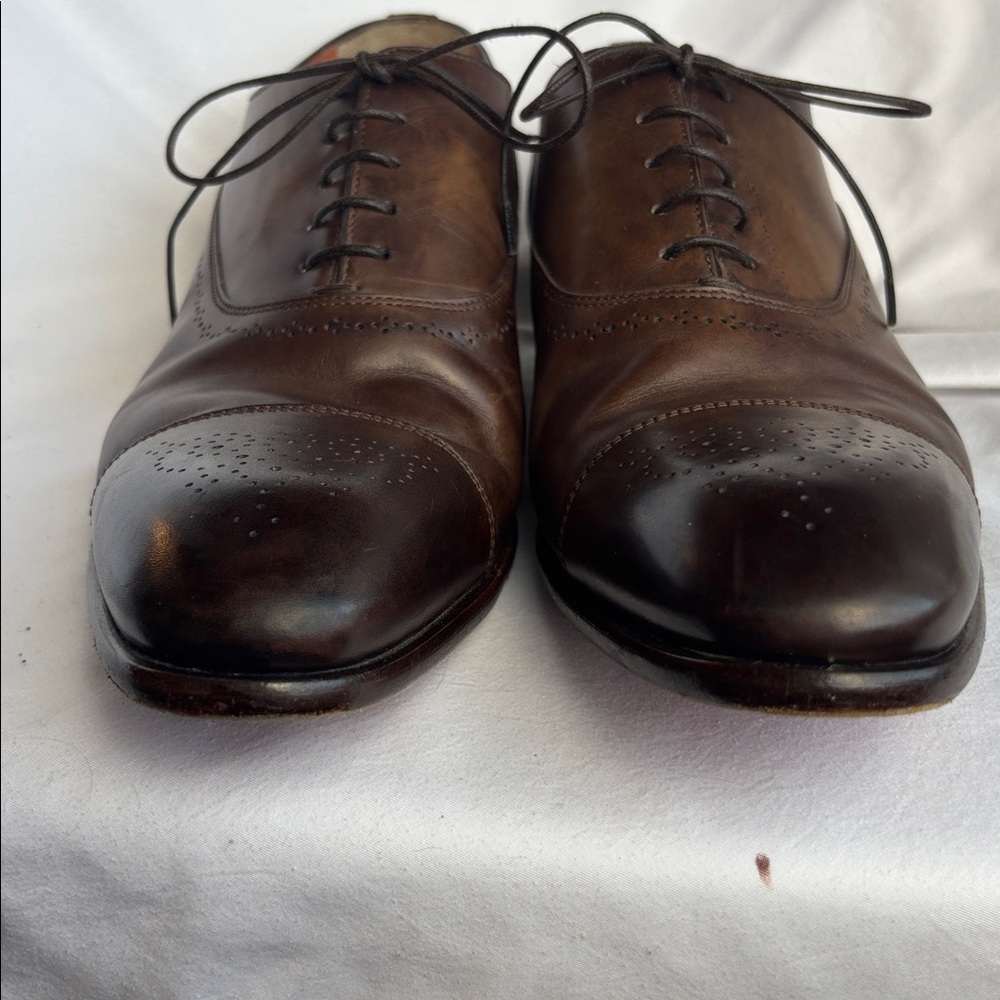 Santoni Brown Leather Cap Toe Medallion Oxford Dress Shoes Men’s 10 D Italy - Picture 5 of 11